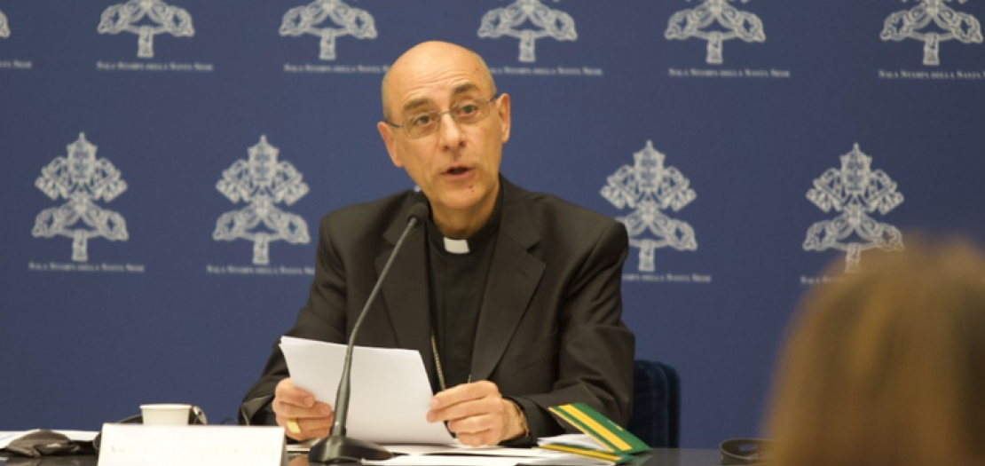 Cardinal Víctor Manuel Fernández, prefect of the Dicastery for the Doctrine of the Faith, presides over a press conference on Friday, May 17, 2024, on the Vatican’s new document on Marian apparitions.