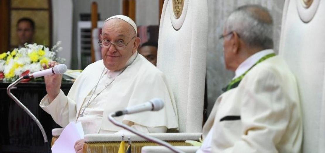 Pope Francis with Timorese President José Ramos-Horta during the Meeting with Authorities, Representatives of Civil Society, and members of the Diplomatic Corps