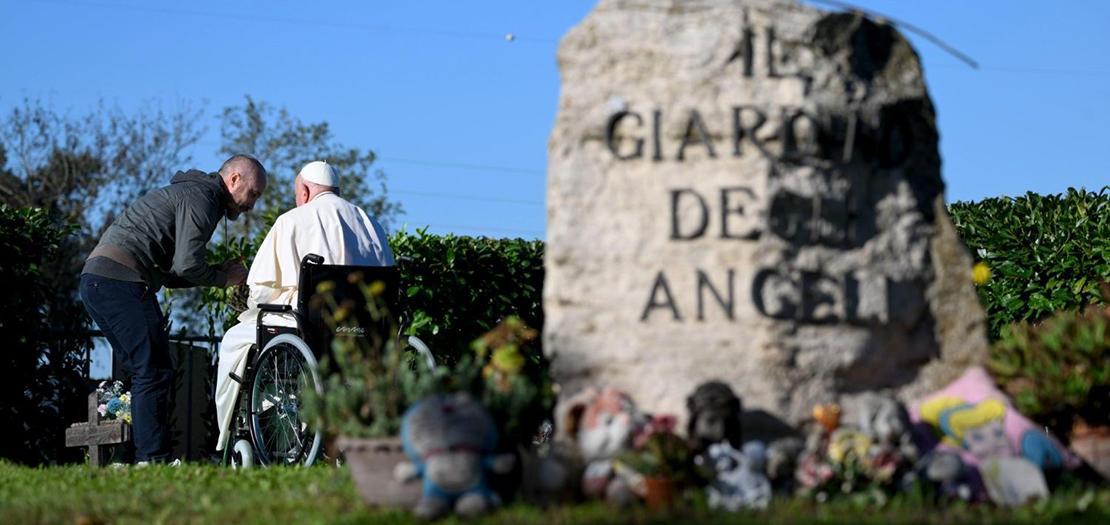 The stone with the inscription "Garden of Angels" in the Laurentino Cemetery whehe Pope Francis laid flowers on All Souls' Day Pope's 