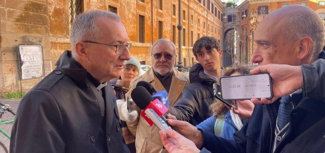 Cardinal Parolin speaking to press outside Rome's Pontifical Gregorian University 