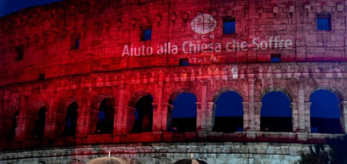 The Coloseum in Rome illuminated in red for Red Wednesday