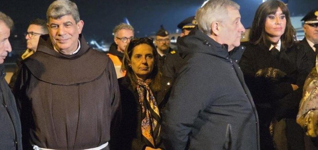 Fr. Ibrahim Faltas with Italian Foreign Minister Antonio Tajani at Rome's Ciampino airport on February 13, 2025