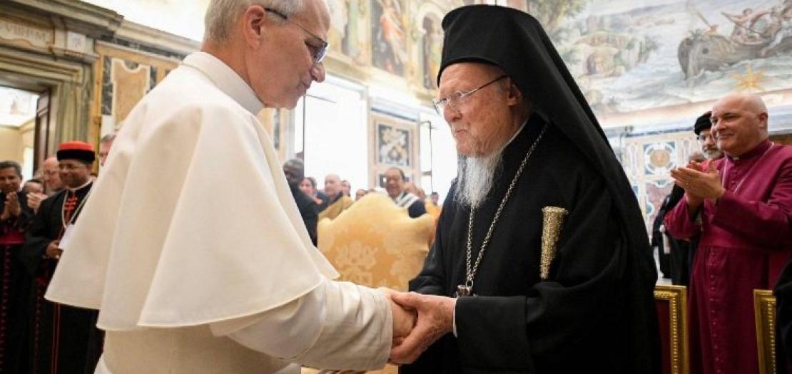 File phot of Pope Leo XIV's encounter with Ecumenical Patriarch Bartholomew I of Constantinople in the Vatican 