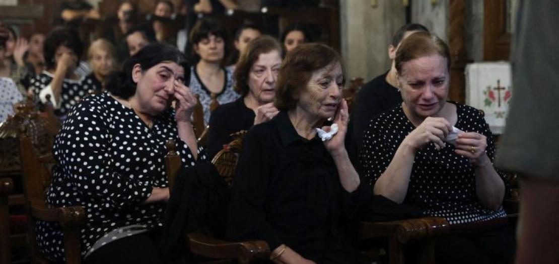 Christian Palestinians mourn Saad Salameh and Foumia Ayyad, killed earlier in an Israeli strike that hit the Holy Family Church in Gaza City  