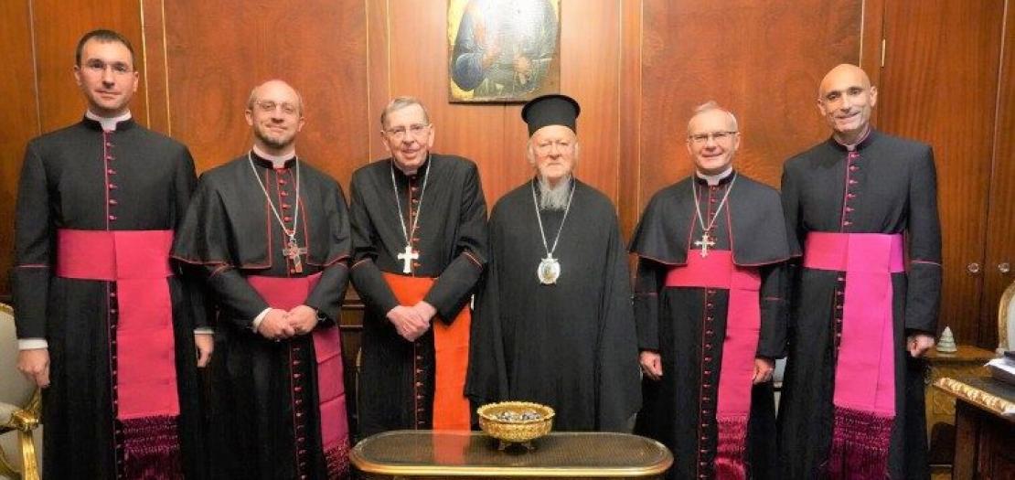 Cardinal Kurt Koch, prefect of the Dicastery, with the secretary, Archbishop Flavio Pace (second from left) during a visit to Bartholomew I, the Ecumenical Patriarch of Constantinople, in November 2024