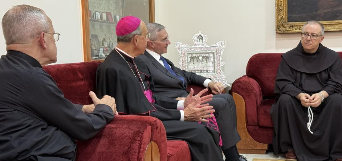 Left to right, Msgr. Peter I. Vaccari, CNEWA president, Archbishop William E. Lori, vice president of the USCCB, Patrick E. Kelly, supreme knight of the Knights of Columbus, and Father Francesco Ielpo, custos of the Holy Land, meet in Jerusalem on 2 September.
