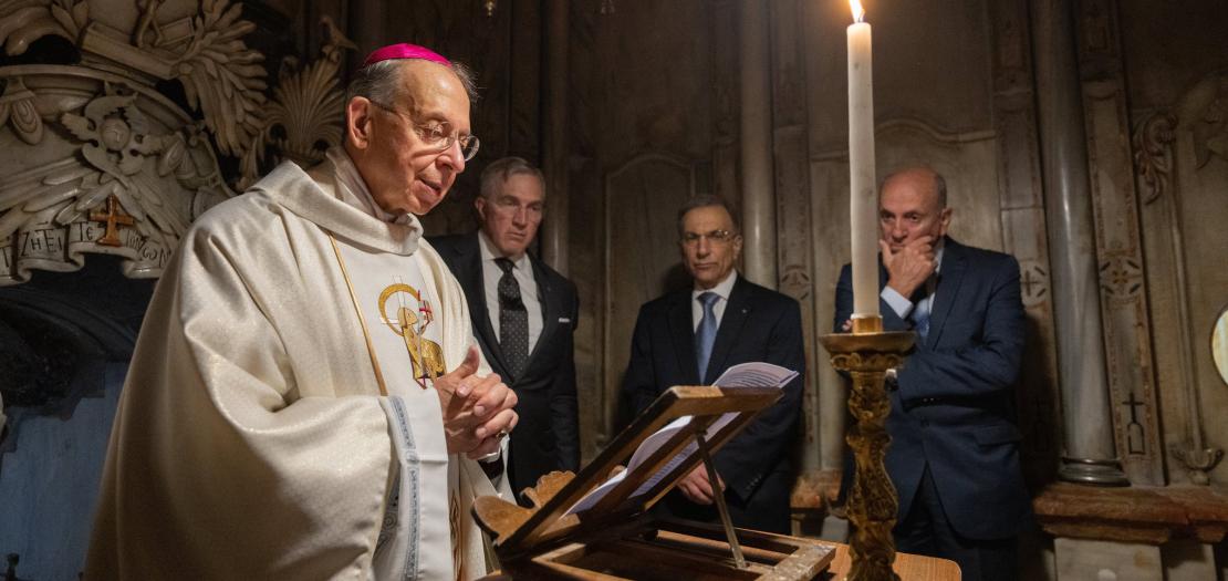 Archbishop William E. Lori of Baltimore, vice president of the U.S. Conference of Catholic Bishops, prays in the Church of the Holy Sepulcher in Jerusalem's Old City Sept. 3, 2025, during a pastoral visit to the Holy Land Sept. 2-6.