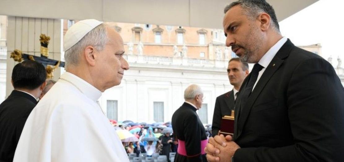 Maher Nicola Canawati, mayor of Bethlehem, greets Pope Leo XIV after General Audience in St Peter's Square