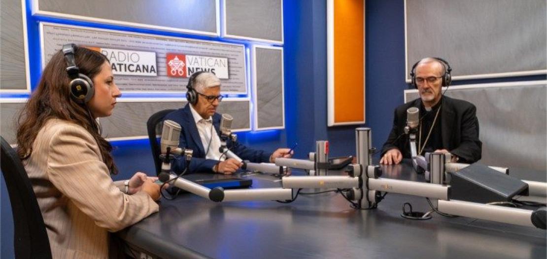 Cardinal Pizzaballa being interviewed in the studios of Vatican Radio by Andrea Tornielli and Beatrice Guarrera 