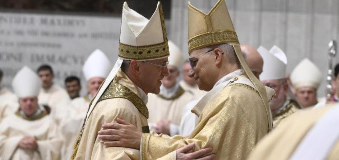 Pope Leo greets Archbishop Mirosław Wachowski following his episcopal ordination