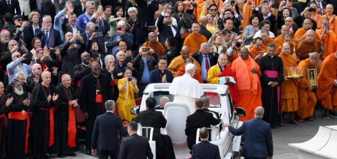 Pope Leo greets leaders and representatives of non-Christian leaders present for Wednesday's General Audience, which was dedicated to interreligious dialogue