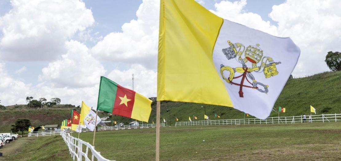 Vatican and Cameroonian flags at Bamenda Airport where Pope Leo will arrive on 15 April  