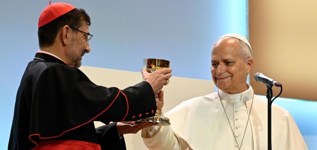 Pope Leo XIV gives Cardinal Cobo Cano a chalice as a gift for the Archdiocese of Madrid 