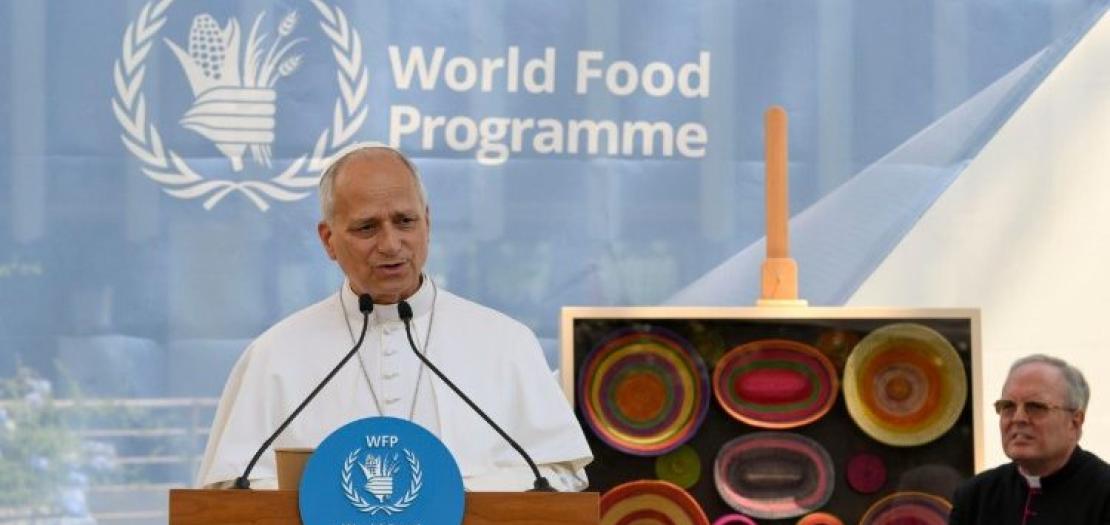 Pope Leo XIV speaks at the headquarters of the World Food Program in Rome