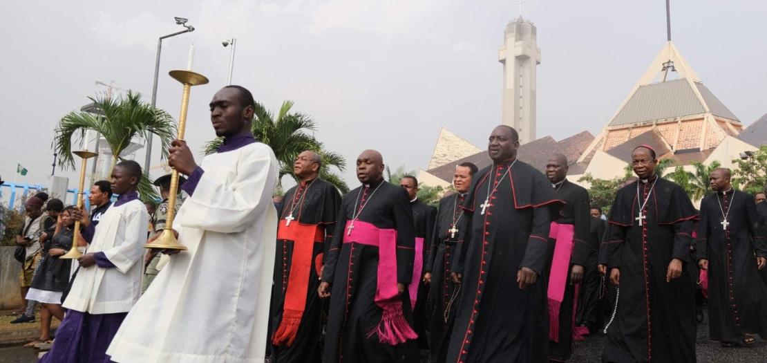 File photo of Catholic bishops in Nigeria gathered to pray for security and denounce the killings of Christians by Boko Haram terrorists